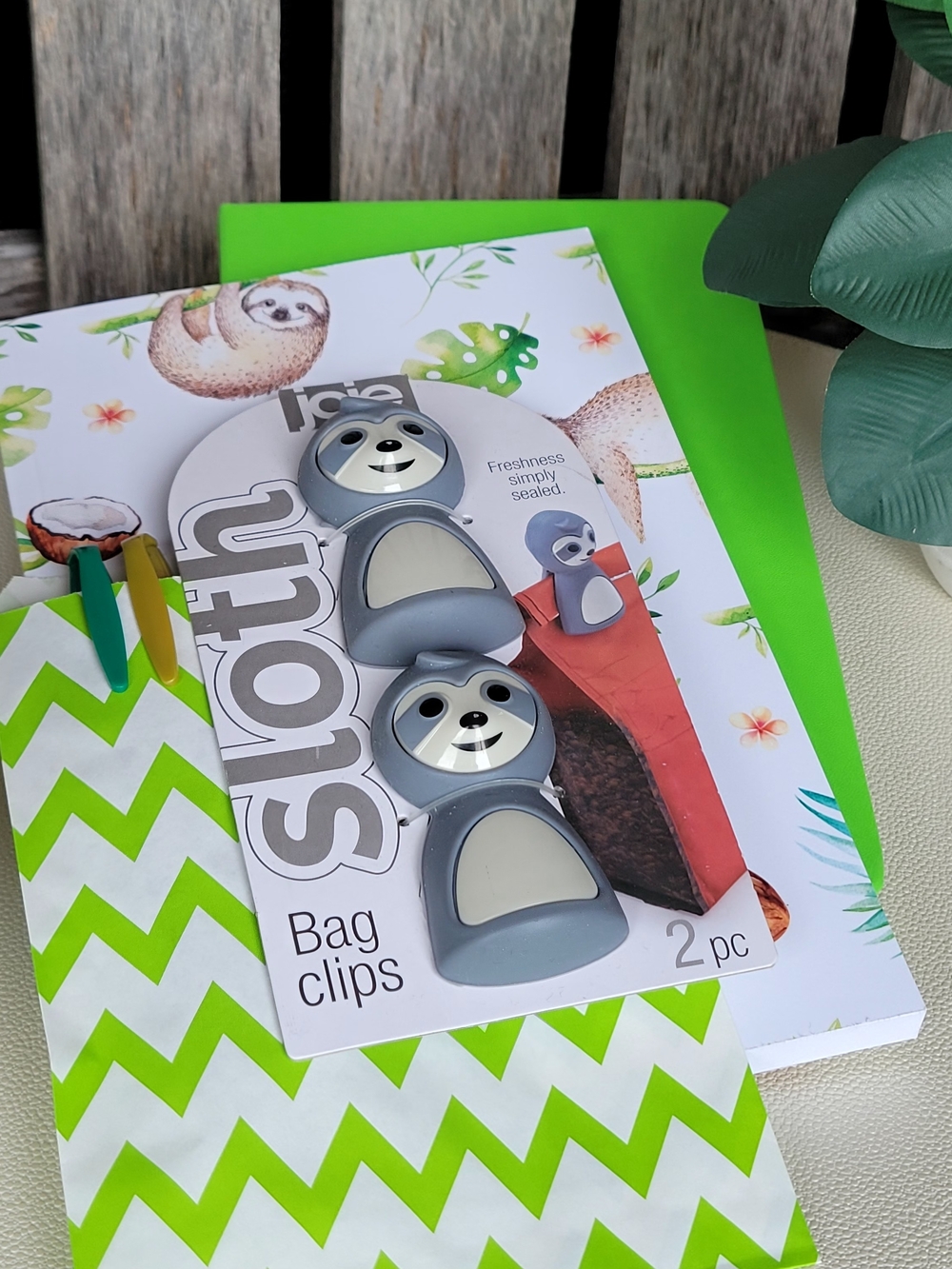 Sloth Pattern Notebook, Green Journal, Sharpies, Gray Sloth Bag Clips – 2-Pack